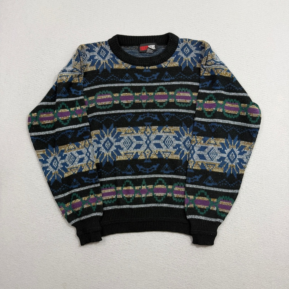 Vintage Todays News Sweater Large Black Fair Isle Geometric Crew Neck 90s Cabin